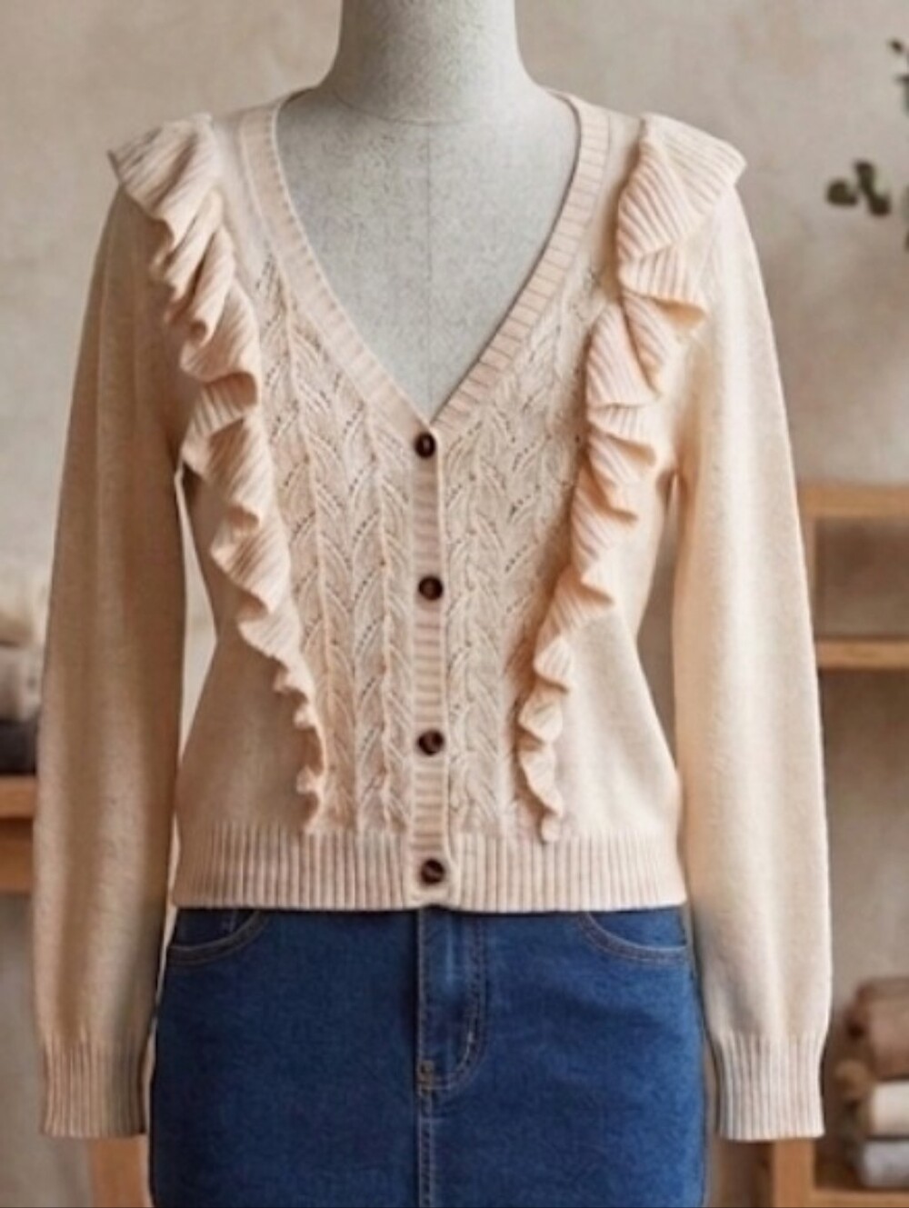 LC Lauren Conrad Ruffle Pointelle Cardigan Ivory Cream V-Neck Knit Sweater Small